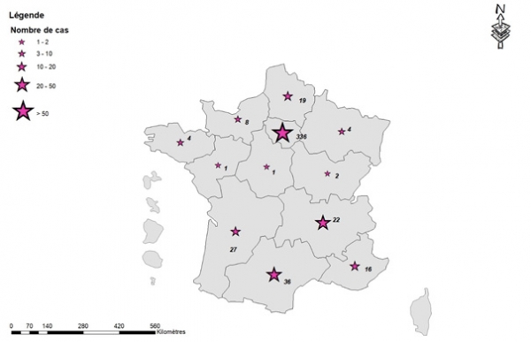 Figure 1. Cas confirmés de variole du singe (n=498), par région de résidence, France, mai-juin 2022 (données au 30/06/2022 – 14h00)