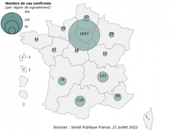 Figure 2. Cas confirmés de variole du singe (n=1 473 cas) par région de signalement, France, mai-juillet 2022 (données au 21/07/2022 – 12h00)