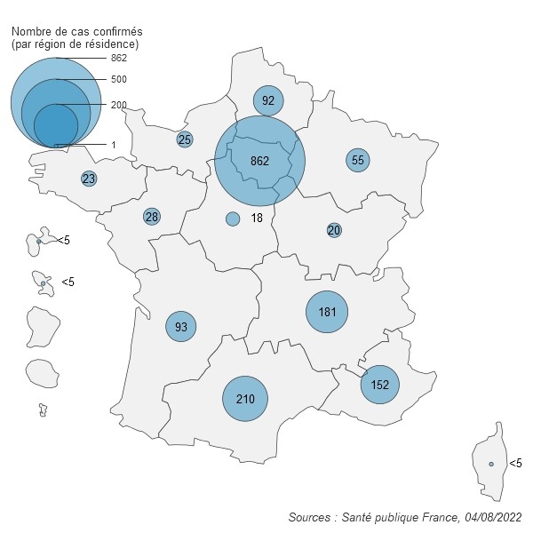 Figure 1. Cas confirmés de variole du singe (n=1 762 cas) par région de résidence, France, mai-août 2022 (données au 04/08/2022 – 12h00)