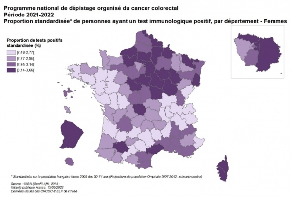 Carte - Programme national de dépistage organisé du cancer colorectal, proportion standardisée de personnes ayant un test immunologique positif, femmes, par département, 2021-2022