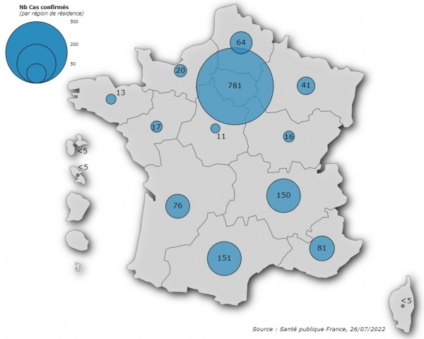 Figure 1. Cas confirmés de variole du singe (n=1 424 cas) par région de résidence, France, mai-juillet 2022 (données au 26/07/2022 – 12h00)