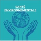 visuel d'un dessin bleu représentant deux mains portant la planète sur fond bleu turquoise avec noté santé environnementale dessus