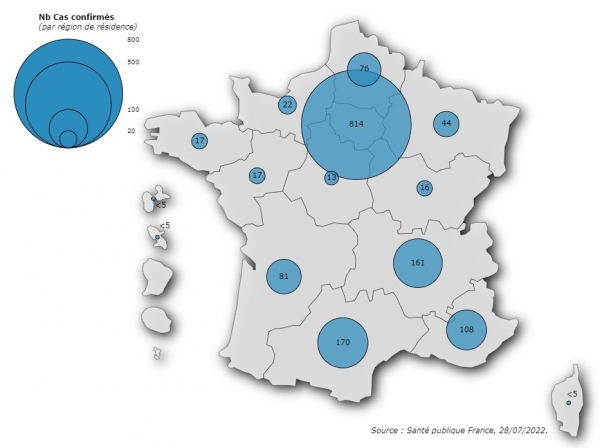 Figure 1. Cas confirmés de variole du singe (n=1 542 cas) par région de résidence, France, mai-juillet 2022 (données au 28/07/2022 – 12h00)