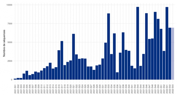 Nombre de dépôts dans GISAID de séquences de SARS-CoV-2, par des laboratoires français, semaines 2021-S01 à 2022-S03 (Source : GISAID)
