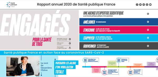 Visuel de la page d'accueil du flipbook du rapport annuel 2020 de Santé publique France