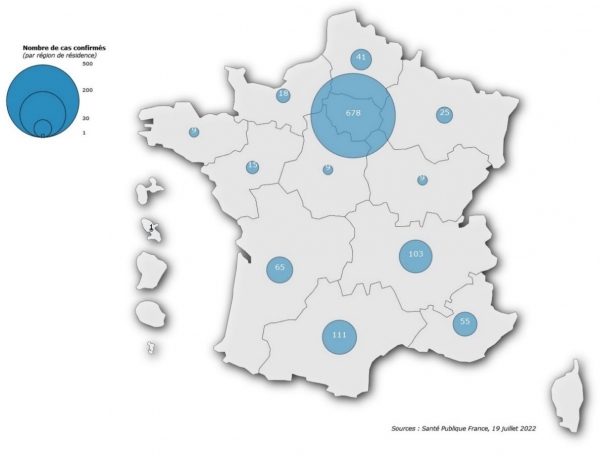 Figure 1. Cas confirmés de variole du singe (n=1 139 cas) par région de résidence, France, mai-juillet 2022 (données au 19/07/2022 – 12h00)
