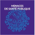 Visuel virus bleu dessiné sur fond violet avec noté dessus "menaces de santé publique"