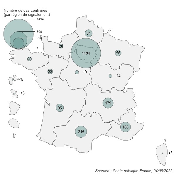 Figure 2. Cas confirmés de variole du singe (n=2 420 cas) par région de signalement, France, mai-août 2022 (données au 04/08/2022 – 12h00)