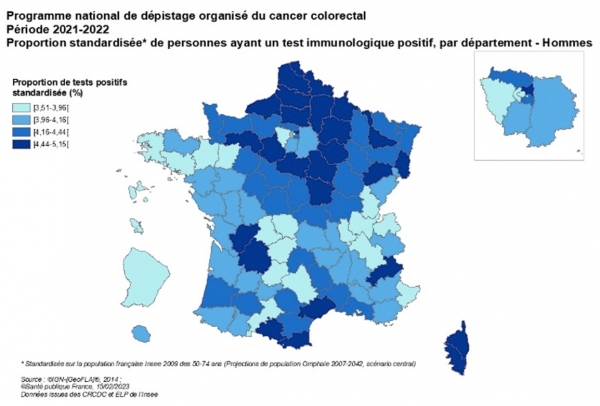Carte - Programme national de dépistage organisé du cancer colorectal, proportion standardisée de personnes ayant un test immunologique positif, hommes, par département, 2021-2022