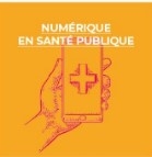 Visuel d'une main dessinée portant un téléphone portable sur fond jaune avec noté numérique en santé publique dessus