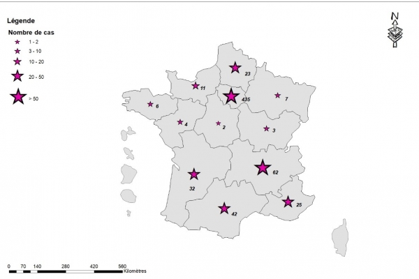 Figure 1. Cas confirmés de variole du singe (n=652), par région de résidence, France, mai-juillet 2022 (données au 06/07/2022 – 12h00)