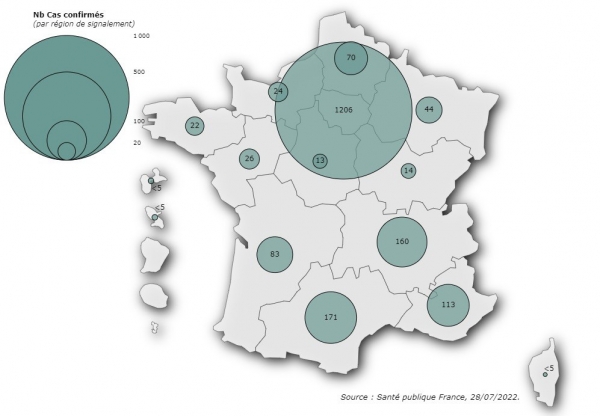 Figure 2. Confirmed monkeypox cases (n=1,951 cases) by reporting region, France, May-July 2022 (data as of 07/28/2022 – 12:00 p.m.)