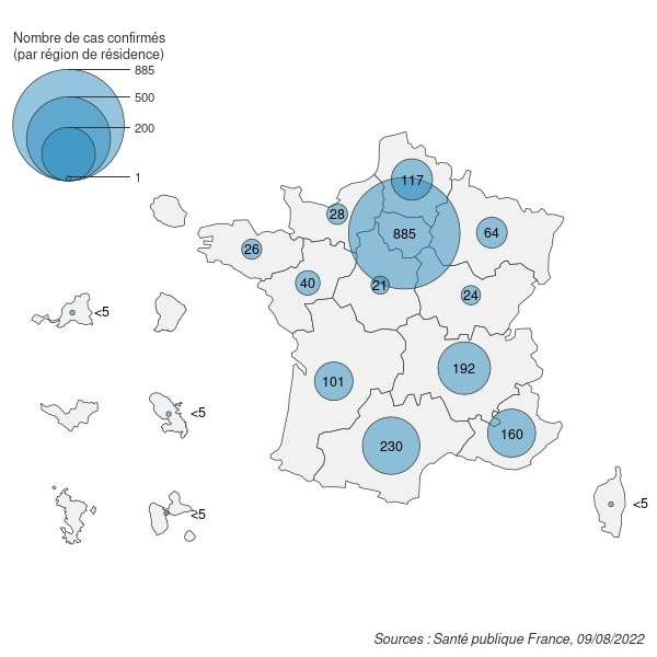 Figure 1. Cas confirmés de variole du singe (n=1 892 cas) par région de résidence, France, mai-août 2022 (données au 09/08/2022 – 12h00)