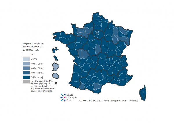 Carte - Proportion de suspicion de variant d’intérêt 20I/501Y.V1 du 5 au 11 avril 2021