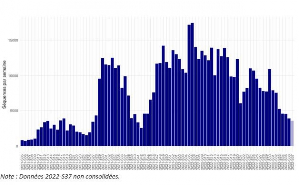 Figure 1 – Activité réelle de séquençage du SARS-CoV-2 du Consortium EMERGEN, France, semaines 2021-S05 à 2022-S37 (Source : données EMERGEN, Santé publique France)