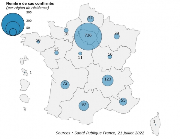 Figure 1. Cas confirmés de variole du singe (n=1 215 cas) par région de résidence, France, mai-juillet 2022 (données au 21/07/2022 – 12h00)