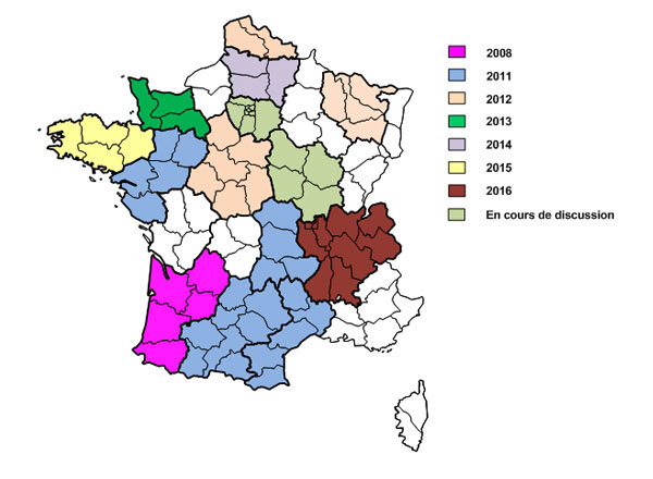 Carte de déploiement des Gast eau 1er février 2016 selon leur année de mise en place (contours des régions ne tenant pas compte de la réforme territoriale)