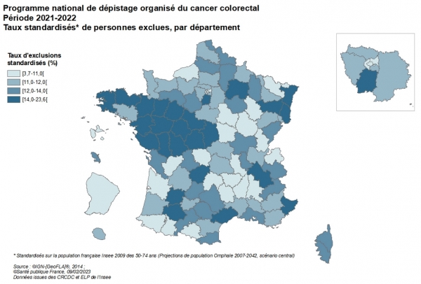 Carte - Programme national de dépistage organisé du cancer colorectal, taux standardisés de personnes exclues par département, 2021-2022