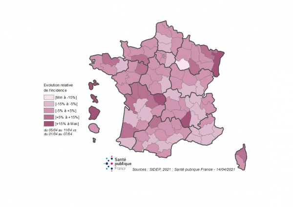 Carte - Evolution relative de l’incidence du 5 au 11 avril 2021 vs du 1er au 7 avril 2021