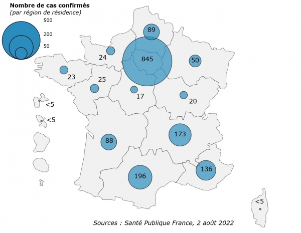 Figure 1. Cas confirmés de variole du singe (n=1 689 cas) par région de résidence, France, mai-août 2022 (données au 02/08/2022 – 12h00)