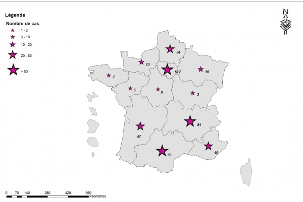 Figure 1. Cas confirmés de variole du singe (n=824), par région de résidence, France, mai-juillet 2022 (données au 11/07/2022 – 12h00)