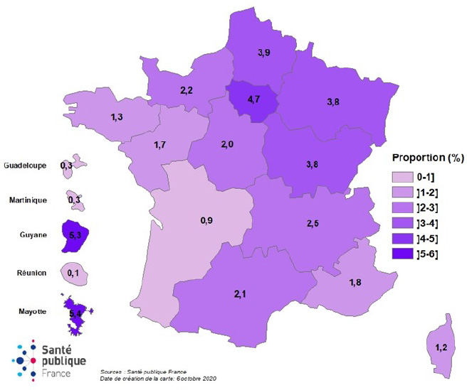 Proportion de professionnels déclarés infectés par le SARS-CoV-2 dans les ES (données au 05/10/20, N=35 246), France